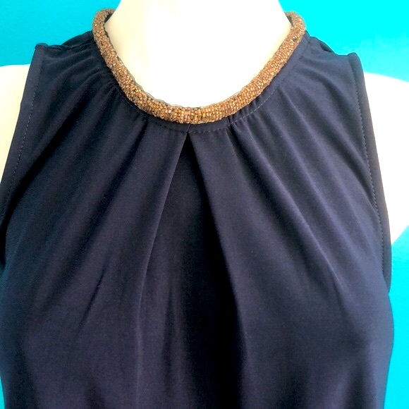 BLUE S NAVY BLUE TANK TOP•BEADED COLLAR TRIM•BACK CUTOUT WITH TIE AT NECK•sz M - Picture 4 of 11